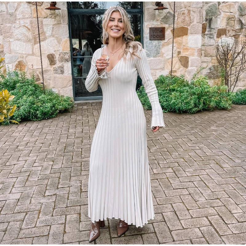 Moda Autunno Inverno Abiti in Maglia Eleganti Donna Maxi Abiti Pieghettati Manica Lunga Allacciatura Slim Nero Casual Maglieria