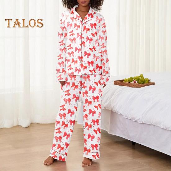 2-teiliges Set mit Schlafanzug für den Valentinstag, Revers mit Schleife und Knopfleiste, Langarmhemd, elastische Taille, Hose mit weitem Bein, Homewear, lässiges Outfit, Frühlingsnachtwäsche