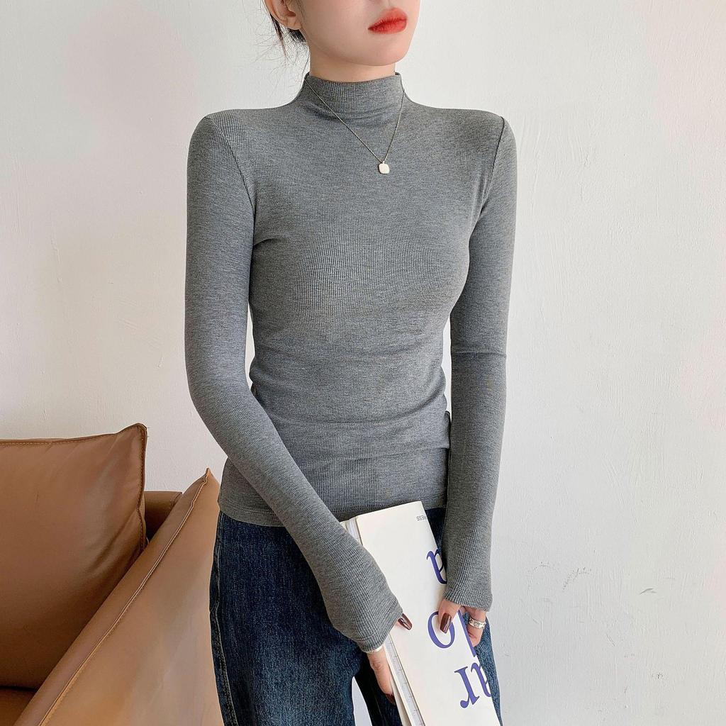 Women's Ribbed Half-High Collar Long-Sleeve Knitted Shirt for Autumn & Winter