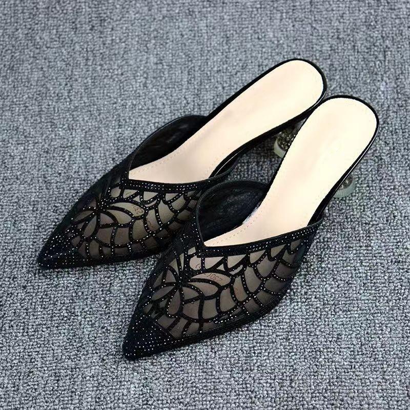 

Остроносые полушлепанцы со стразами для женщин, сетчатые туфли на среднем каблуке, женская обувь на тонком каблуке для улицы, кружевные женские сандалии 40 чёрный