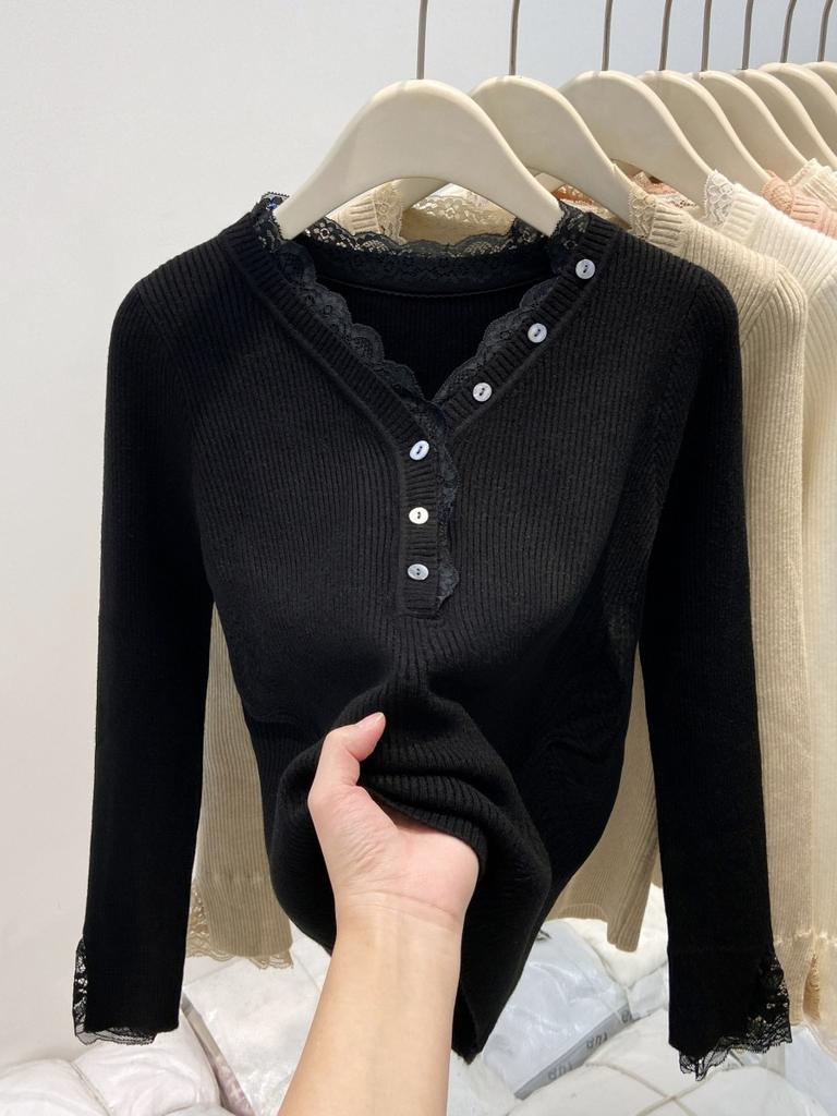Button v-neck lace splicing knitted sweater women's autumn and winter slim-fitting and thin inner top bottoming shirt
