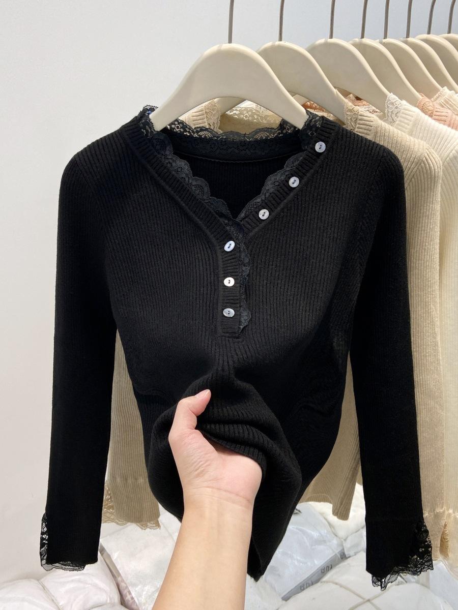 

Button v-neck lace splicing knitted sweater women s autumn and winter slim-fitting and thin inner top bottoming shirt L чорний
