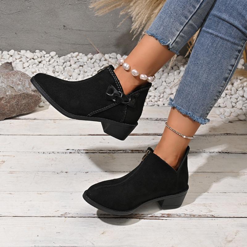 Fashion New Winter Chunky Cotton Boots Women's Pointed Suede Butterfly Knot Side Zipper Soft-soled Non-slip Ankle Boots