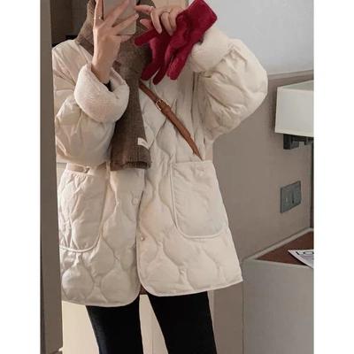 Collarless Lamb Wool Splicing Lightweight Diamond Grid Winter Korean Version Loose Small Fragrant Warm Cotton Clothes Cotton Clothes for Women