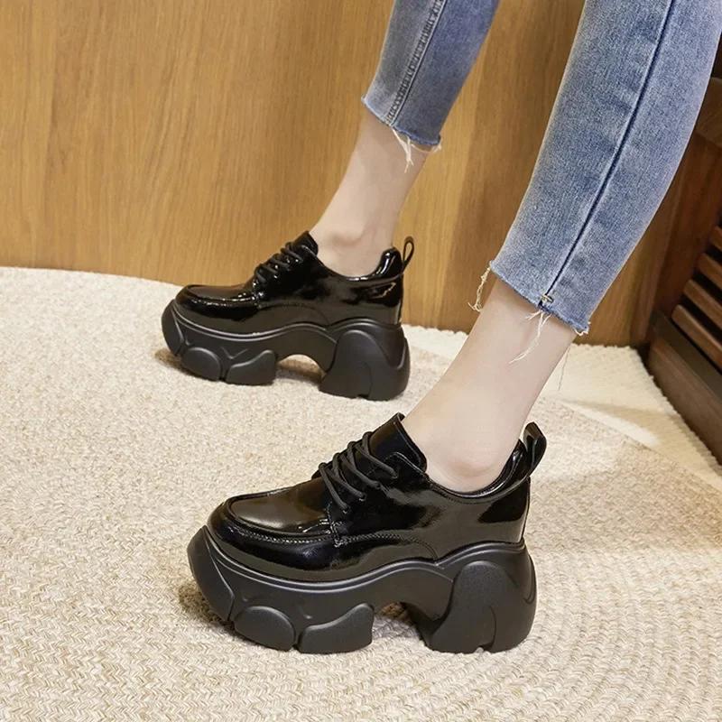 Fashion 7.5CM Full Cow Genuine Leather Black Platform Sneakers Wedge Female Fashion Autumn Spring Casual Ladies Moccasin Woman Shoes