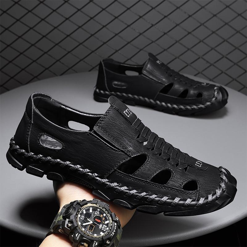 2025 Summer Casual Shoes Men Hollow Breathable Handmade Leather Sandals  Designer Shoes Male Solid Color Daily Shoes Man