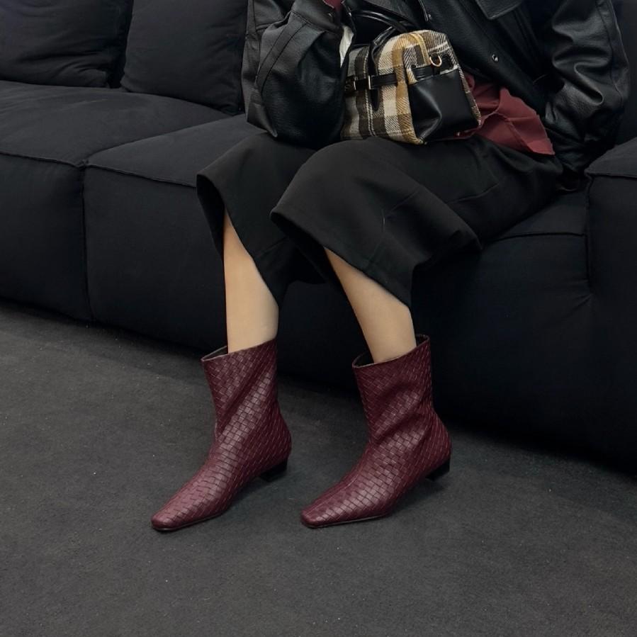 2025 Autumn and Winter New Small Square Head Thick Heel Low Tube Thin Martin Plaid Women's Short Boots