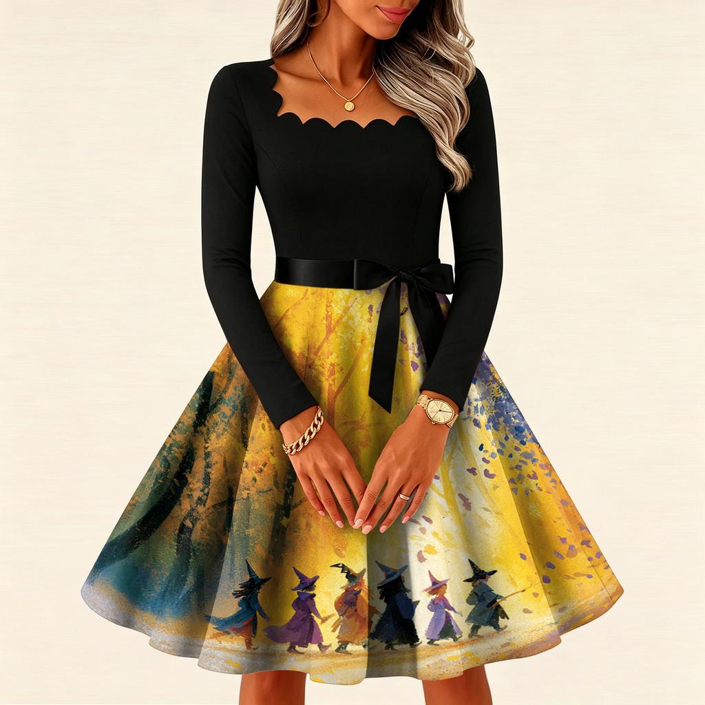 Women's Vintage Long Sleeve Square Neck Halloween Printed Party Dress for Evening Wear
