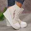 Fashion Floral Embroidered Wedge Ankle Boots for Women Autumn Lace Up High Top Casual Shoes Woman Plus Size Fashion Platform Short Boots