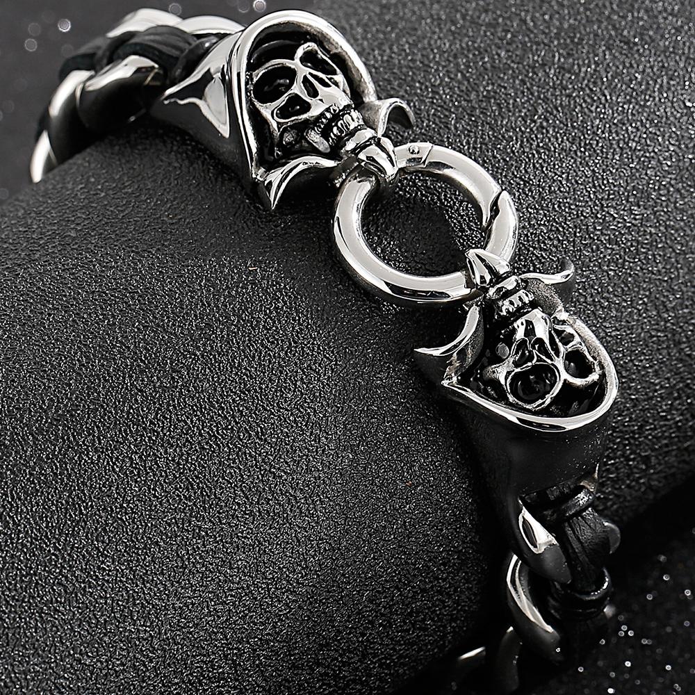 Cool Men's Braided Genuine Leather Skull Bracelet for Men Gothic Cast 316l Stainless Steel Wristband Punk Biker Bracelet Jewelry