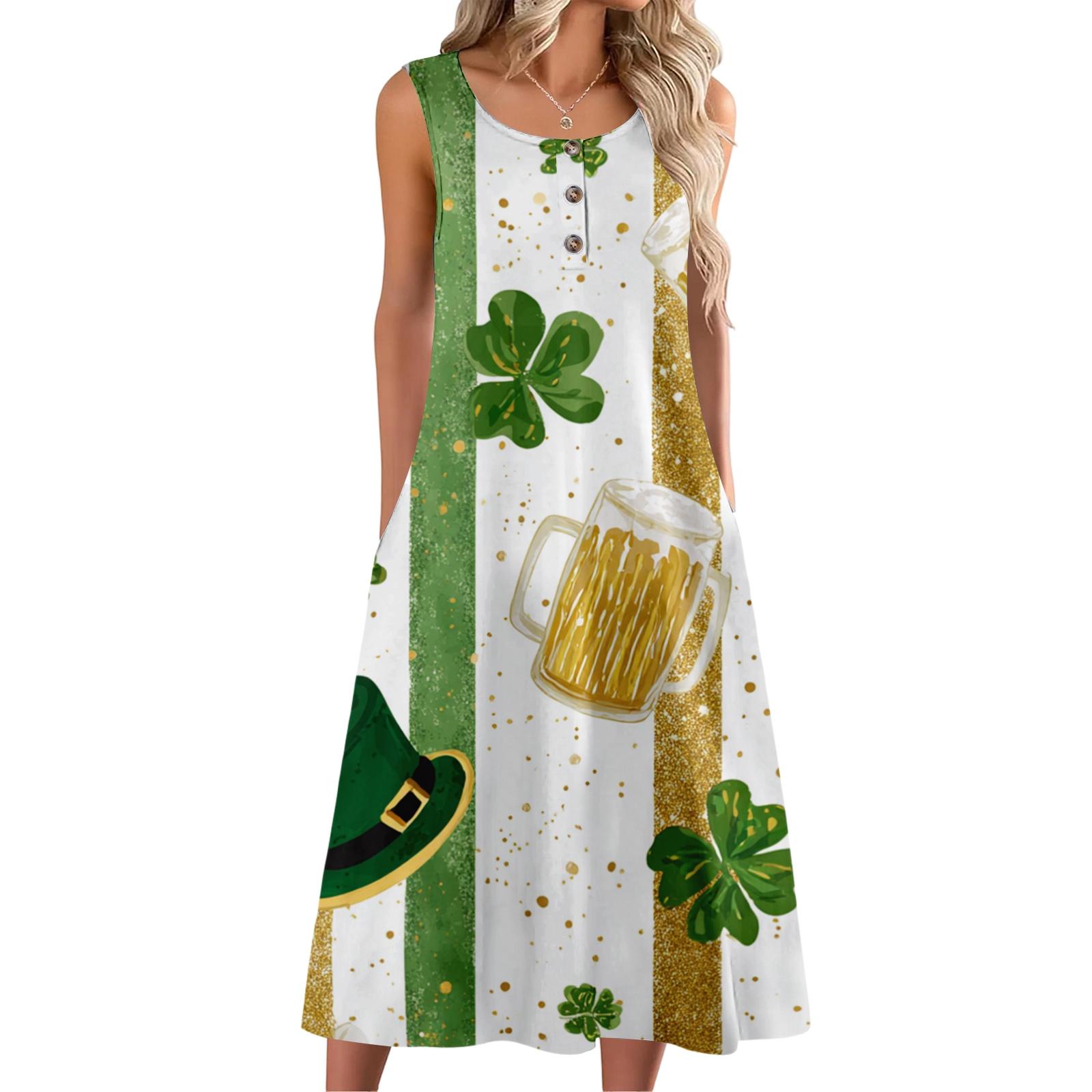 

Women s Fashion Sleeveless Button Casual Dress with Pockets and St. Patrick s Day Prints XL