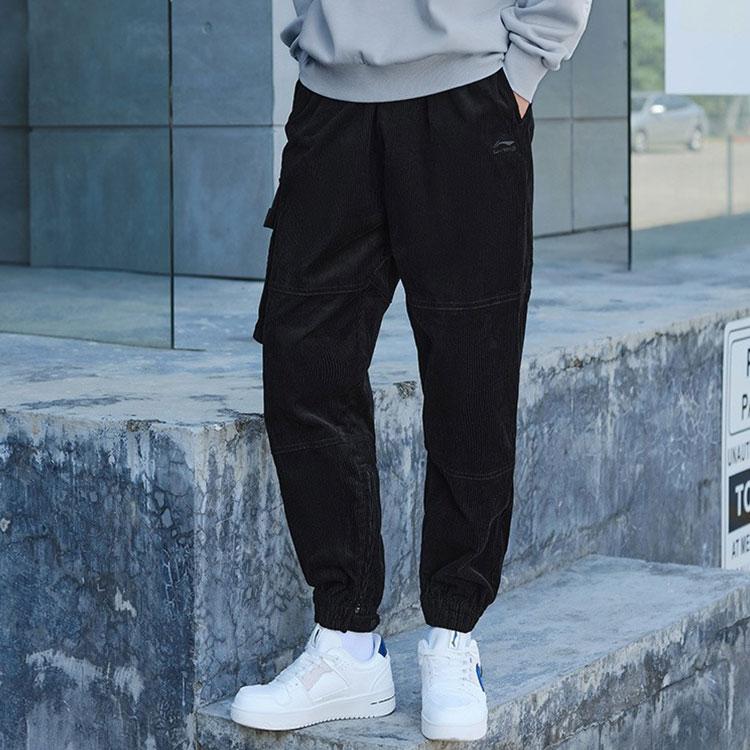 Li Ning Logo Patch Loose Fit Cuffed Casual Long Pants Knitted Sports Pants Men Bottoms Black AKXR459-1