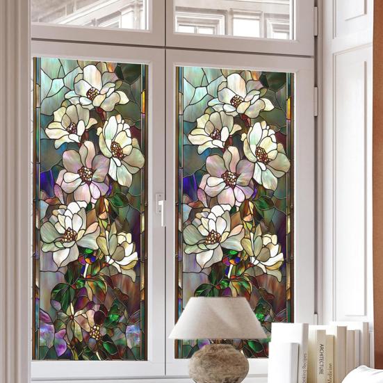 Yousheng Window Privacy Film Stained Glass Floral Static Window Cling Decorative UV Blocking Heat Control Glass Sticker for Glass Doors