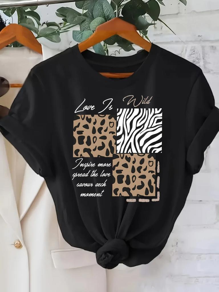 Letter Leopard Pattern Print Casual Summer Women's Versatile Short Sleeve T-Shirt Women Clothing Vintage Clothes Y2k Top