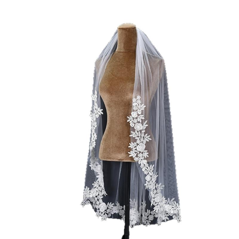 Romance Bridal Veils with Lace Flower Trim and Metal Hair Comb for Wedding Ceremony and Special Event Bride Headpiece