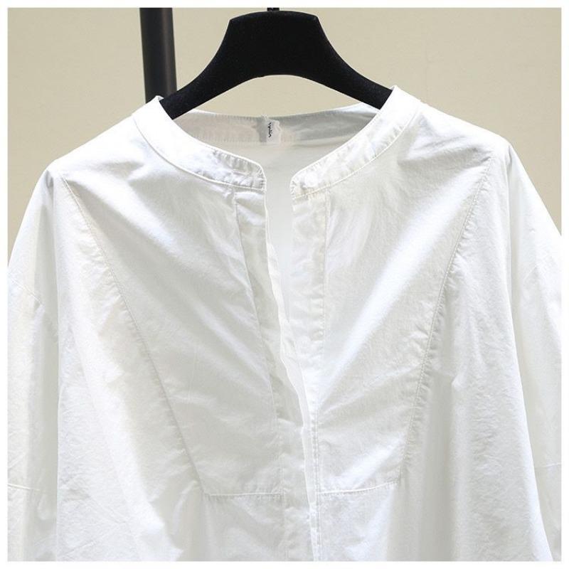 Women's Light Blue Round Neck Blouse 3/4 Puff Sleeves Loose Comfortable Casual Shirts