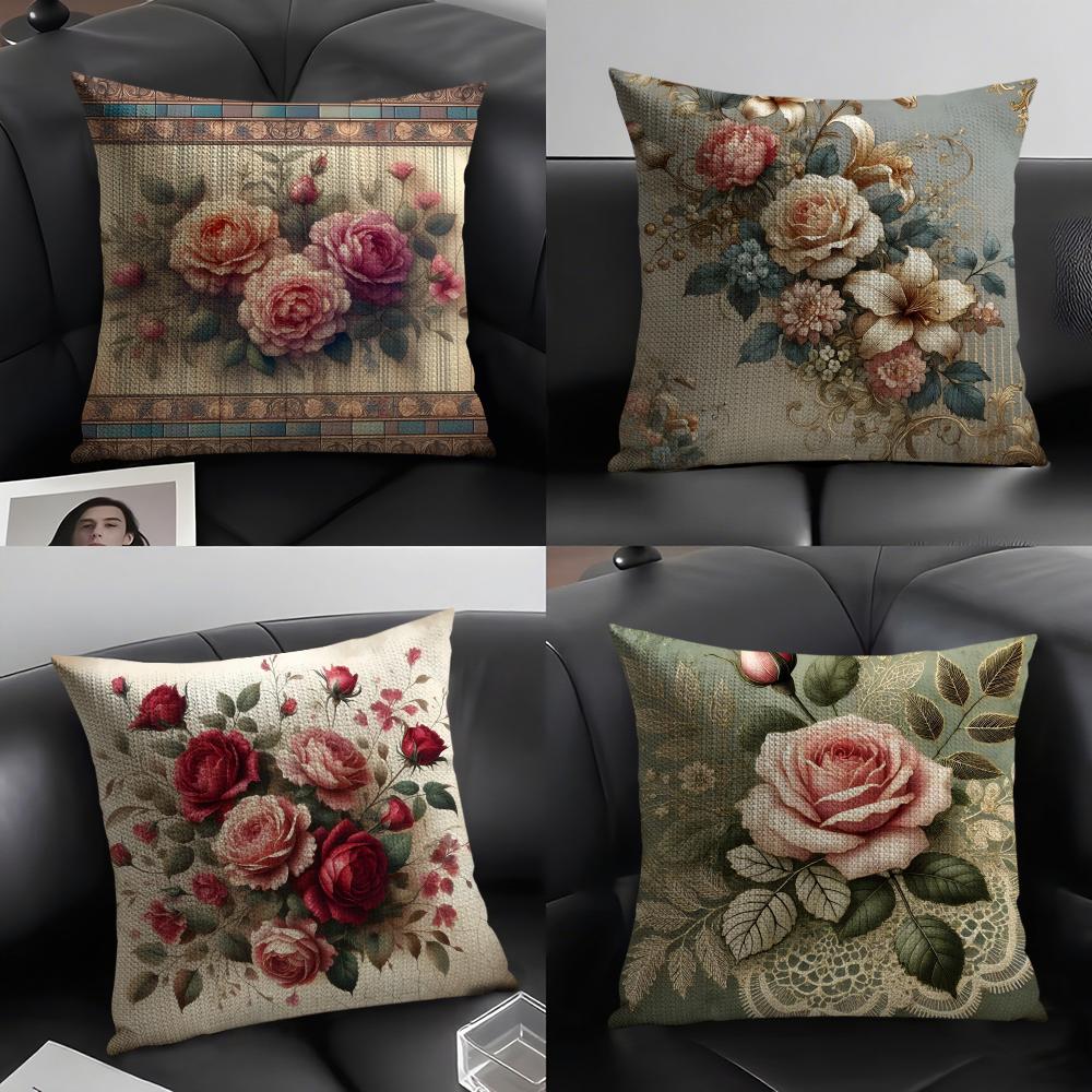 Rose Elegant Cushion Cover Natural Linen Organic Fabric DoubleSided Printing Sofa Home Decor Gift Pillow Case