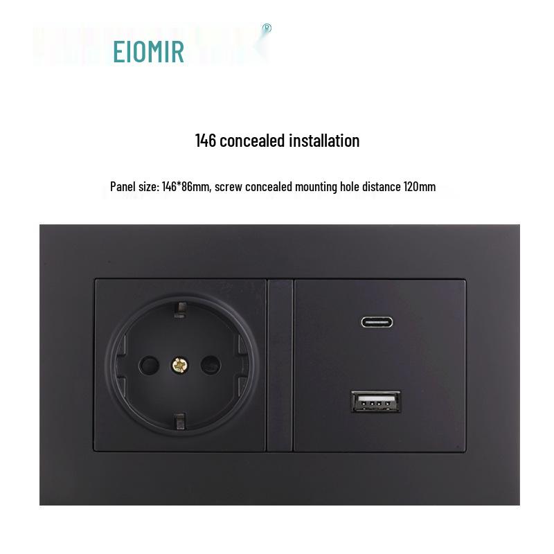 Black 16A German Standard Socket Panel with Double USB + Type C, Concealed European Installation