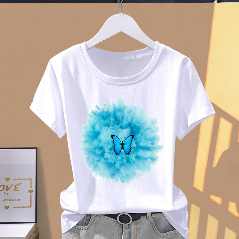 (Asian Size) watercolor flower cute Casual T Short Sleeve T-shirts Women's Top Print O-neck Fashion Female Clothing Graphic Tee