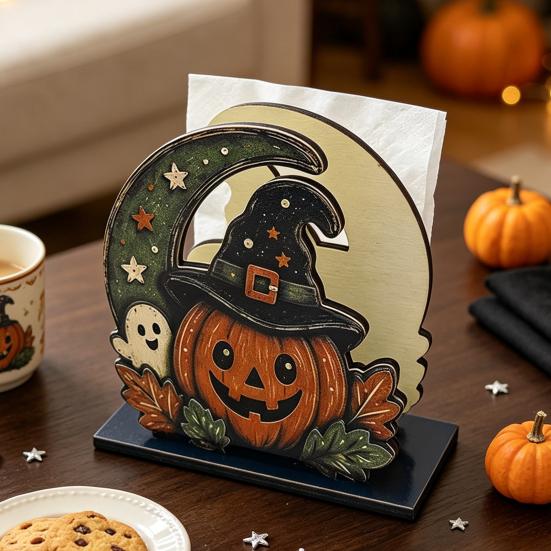 Office Desk Organizer Halloween Wood Napkin Holder, Rustic Ghost Skeleton Owl Pumpkin Dispenser, Wooden Dispenser Vintage Tabletop Standing