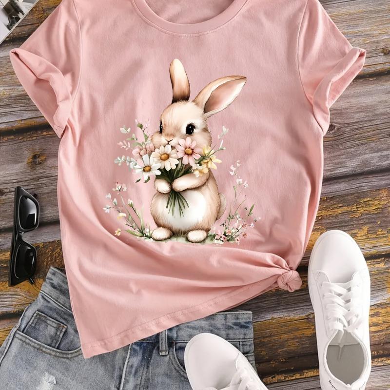 Cute Bunny and Flower Printed T-shirt, Short-sleeved Crew Neck Casual Top