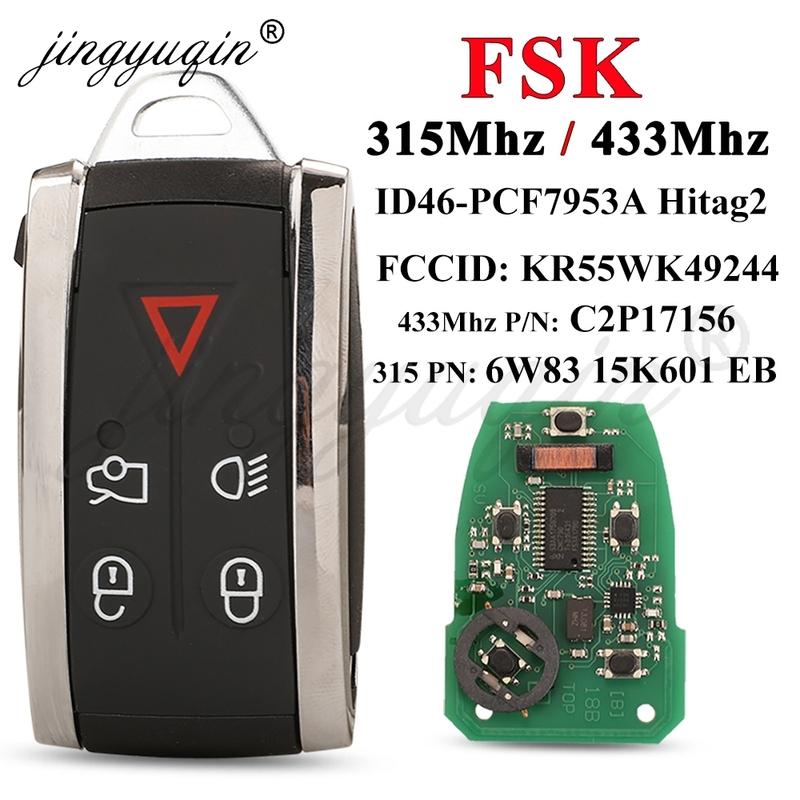 jingyuqin Remote Car Key 5Buttons For Jaguar XF XFR XK XKR XJ8 XK8 2007+ 315/433MHZ FSK ID46 KR55WK49244 C2P17156 Keyless Entry 433Mhz FSK