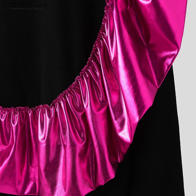 INCERUN Men Round Neck Long Sleeve Shiny Finish Ruffled Patchwork Loose T-shirts