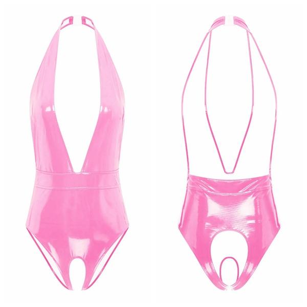 Sleeveless Latex Bodysuit Women Deep V-neck Teddies Bodysuits Crotchless Leotard One-piece Party Playsuit Rave Night Clubwear