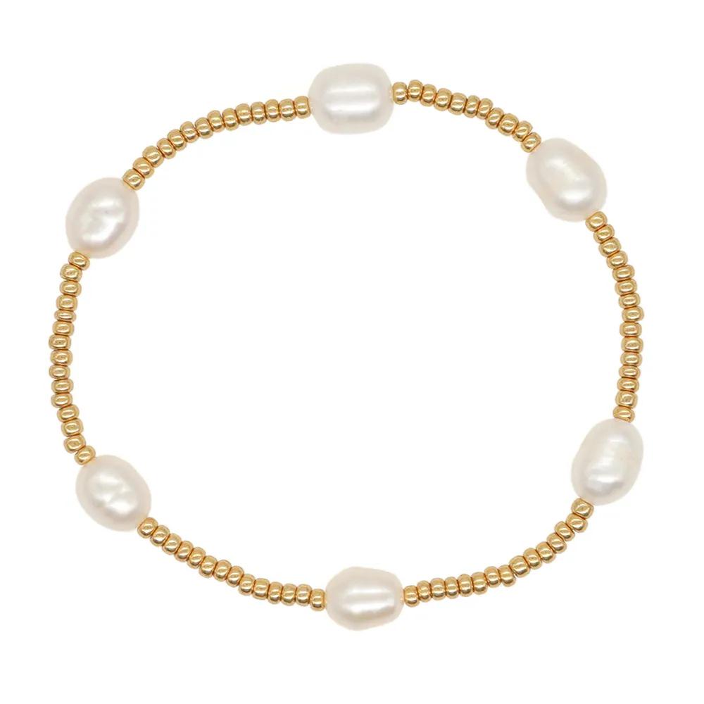 Baroque Pearl & TOHO Gold Bead Elastic Bracelet