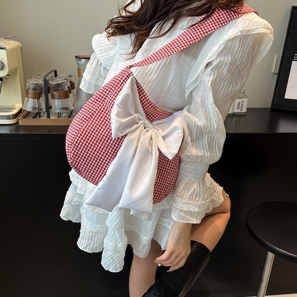 Lattice Plaid Shoulder Bag Cloth Canvas Tote Bag Simple Bow Shoulder Bag  Student