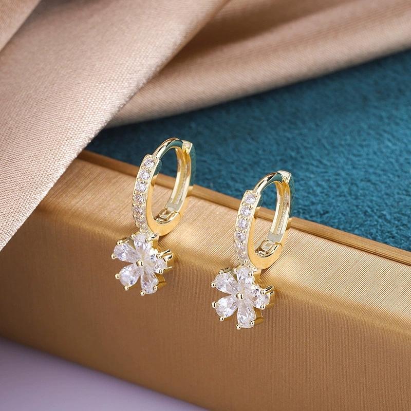 White Zircon Plumeria Pink Crystal Flower Hoop Earrings For Women Vintage Gold Color Ear Buckle Wedding Jewelry Valentines Gift