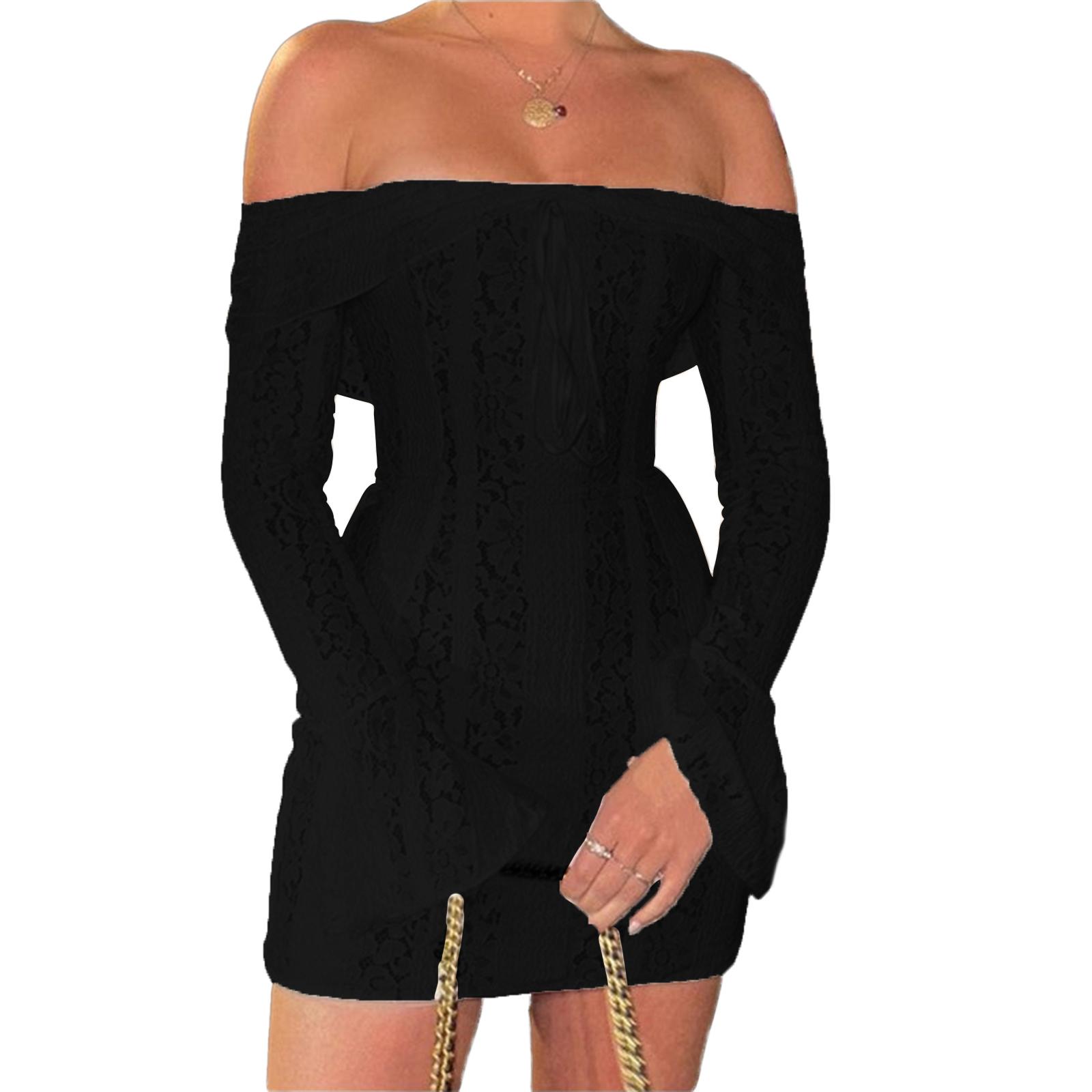 

Женское кружевное платье с открытыми плечами, цветочным узором, бантом, рюшами, вырезом-лодочкой, длинным рукавом, облегающим коротким платьем S чёрный