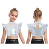 Kids Dance Shirt Metallic Mock Neck Mesh Patchwork Rhinestone Ruffle Crop Top with Press Buttons