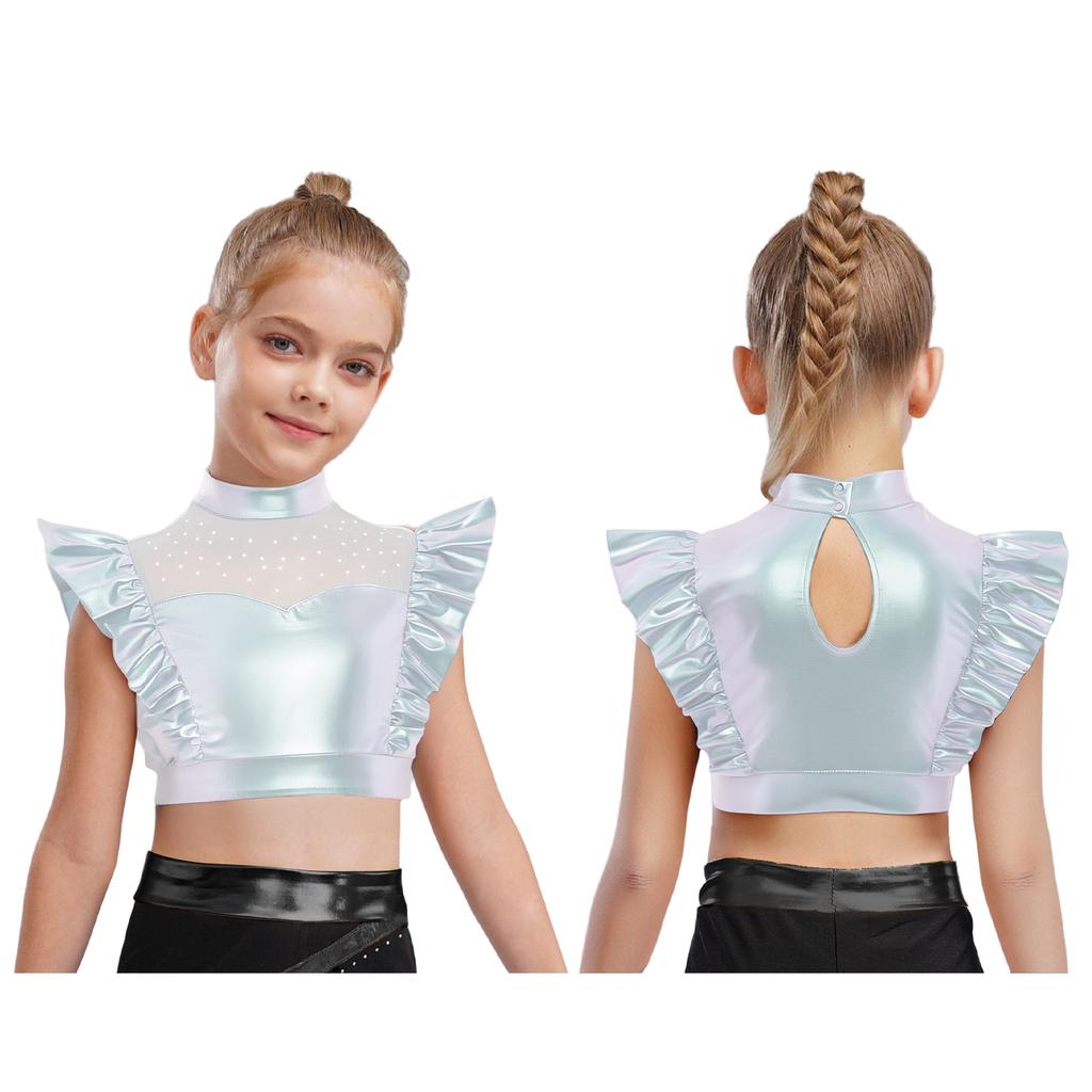 Kids Dance Shirt Metallic Mock Neck Mesh Patchwork Rhinestone Ruffle Crop Top with Press Buttons