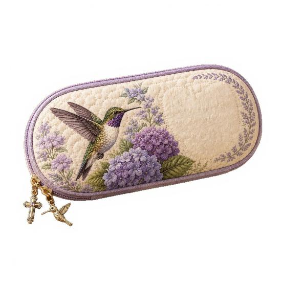 Hummingbird Quilted Glasses Case with Cross And Bird of Hope Pendant Protective Quilted Christian Eyeglass Case with Soft Lining