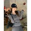 Black and White Striped Spice Girl V-neck Long-sleeved Knitted Sweater Women's Spring New Pure Slim-fit Inner Bottoming Shirt Top