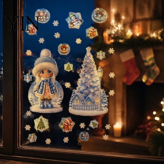 Snow Girl Glass Decals Blue Winter Christmas Static Window Cling, Cute Maiden Xmas Tree Easy Peel Stick Sticker Sticker, PVC Reusable Decal