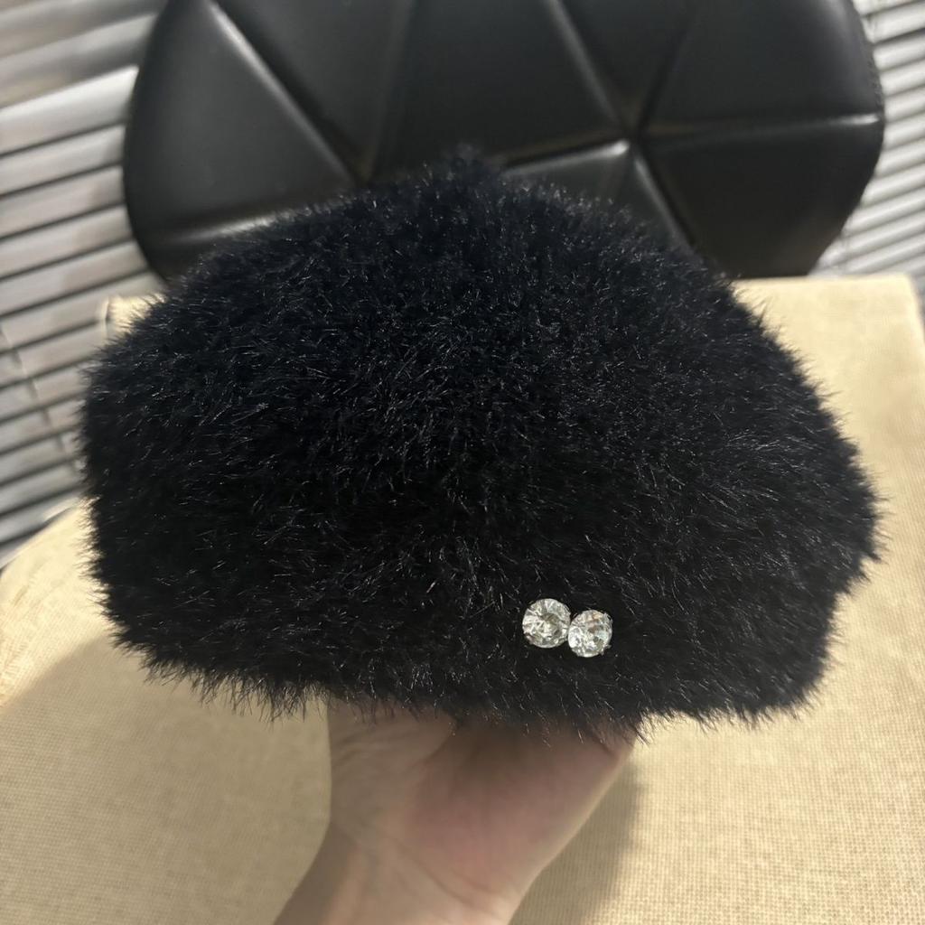 Diamond Pattern Rabbit Fur Beret For Women Plush Knitted Thickened Warm Winter Artist Hat Elegant Autumn Casual Cloche