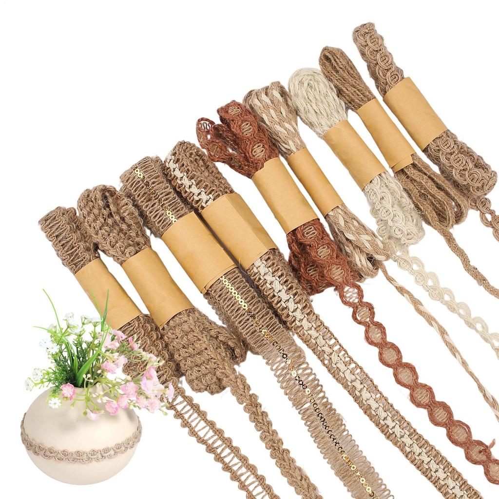 Jute Ribbon 9 Rolls Rope Lace Wedding Trim Vintage Jute Ribbons for Holiday Festival Party Home Wreath Garland Sewing Wrapping