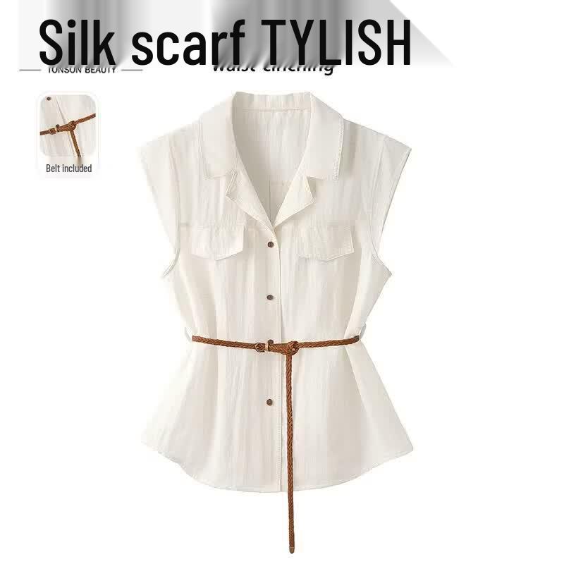 Women s Sleeveless Tencel Linen Blend Lapel Shirt L