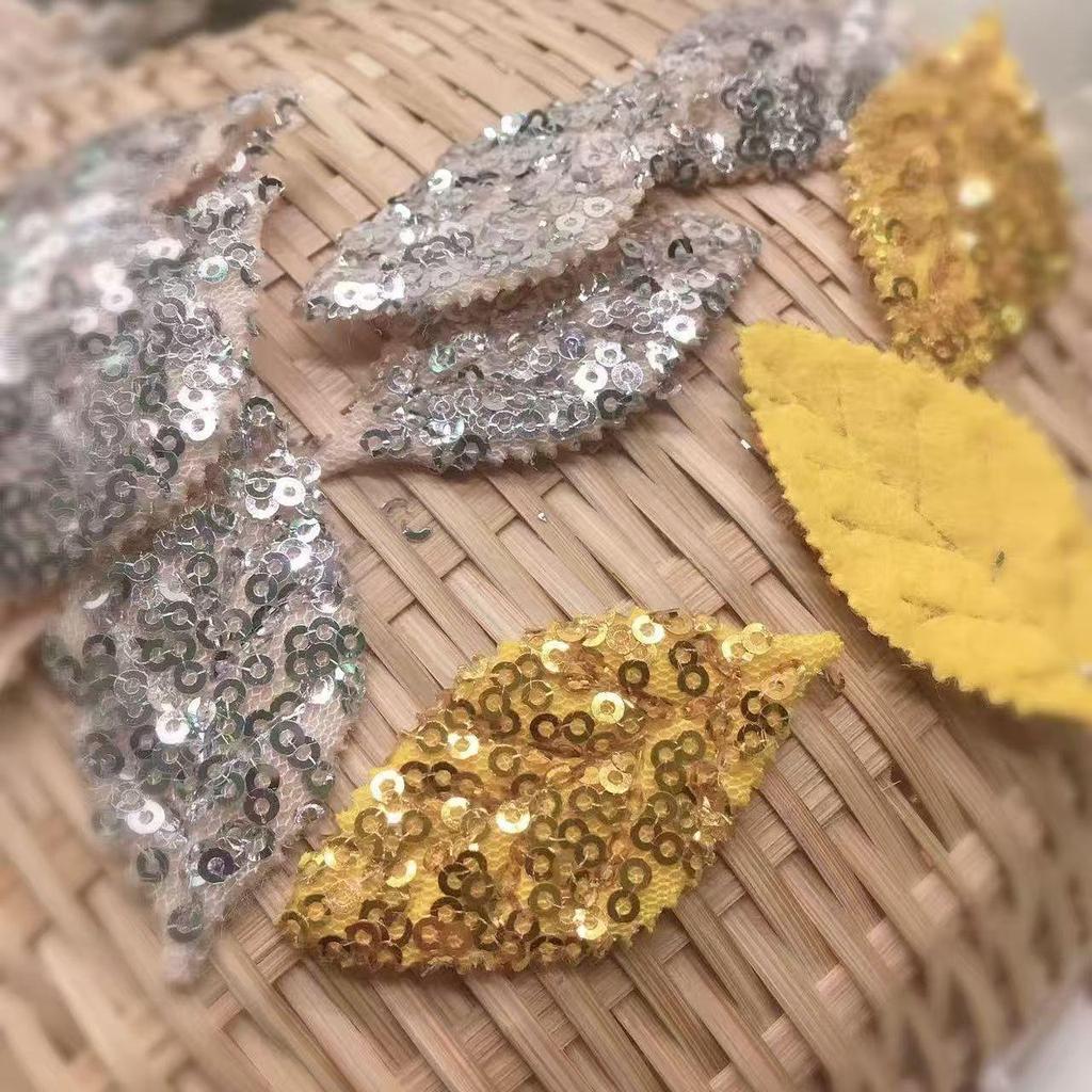 10Pcs Golden Silver Leaves With Sequins Embroidered Patches Applique Clothing Patch Decoration