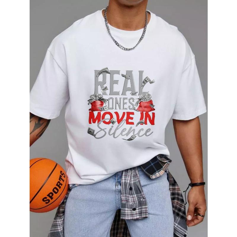 White T Shirt Real Ones Move in Silence Money Bag Graphic Print Streetwear Casual Wear for Men