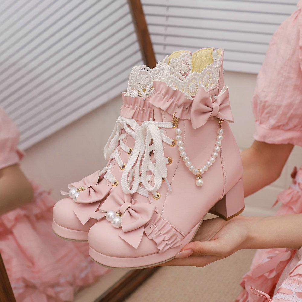 Módní mašličkové kotníkové boty na šněrování s robustním podpatkem, boty Sweet Lolita, boty pro sissy muže, halloweenská cosplay, princeznovské služebné kotníkové boty se šňůrkou a korálky