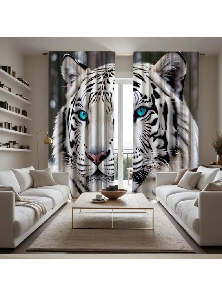 2pcs Striking White Tiger Printed Curtains, Designed for Light Filtering, Quality Material, Ideal for Wildlife Enthusiast Home