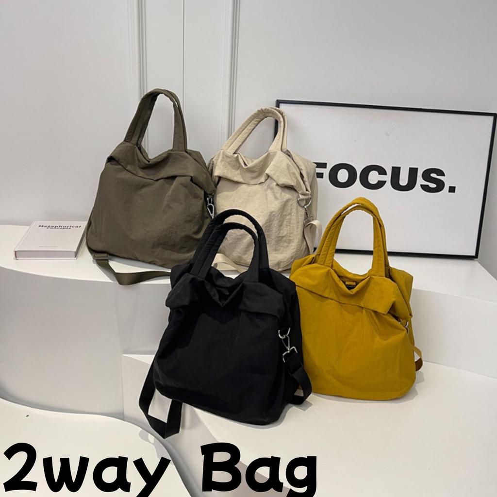 [12style] 2-Way ToteShoulder Bag with a Squeezed Closure, Lightweight, Large Capacity, Fabric, Available In 4 Colors (Black)