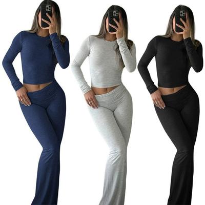 Women's 2 Piece Outfits Long Sleeve Crew Neck Crop Top Ruched Low Waist Flared Pants