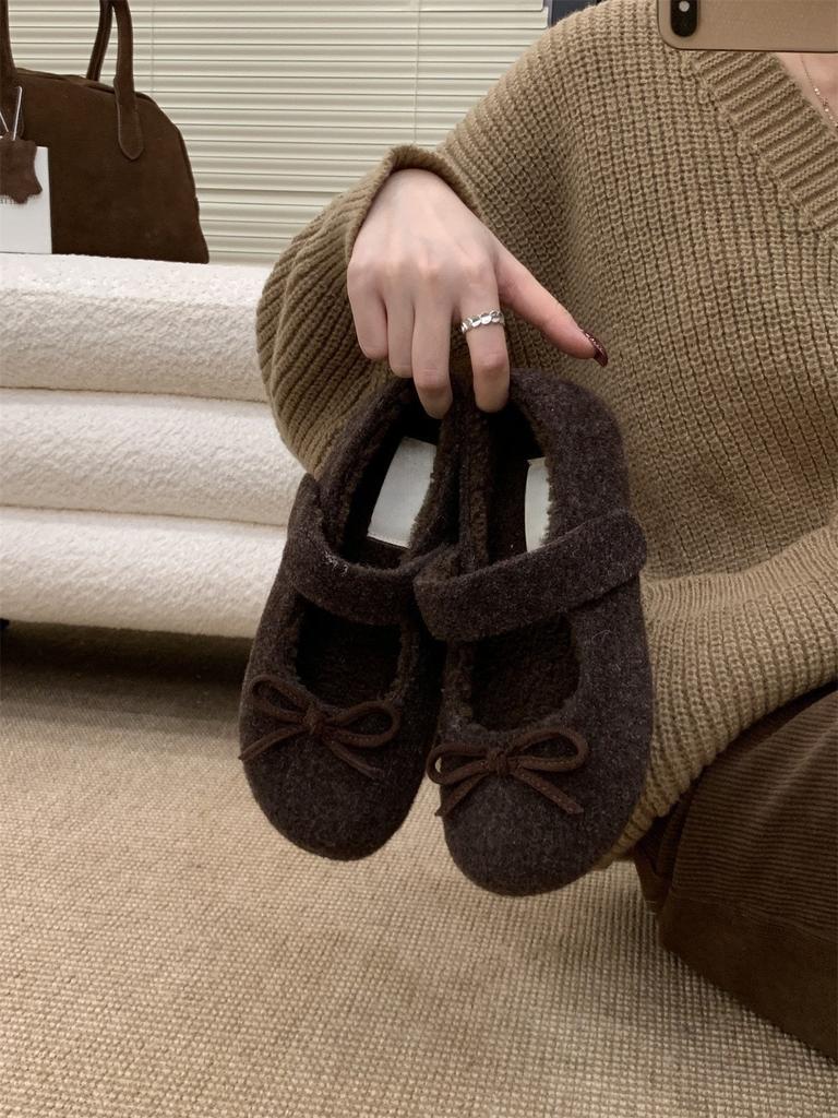 Bow gray fluffy shoes winter wear new velvet single shoes flat warm Mary Jane Doudou shoes