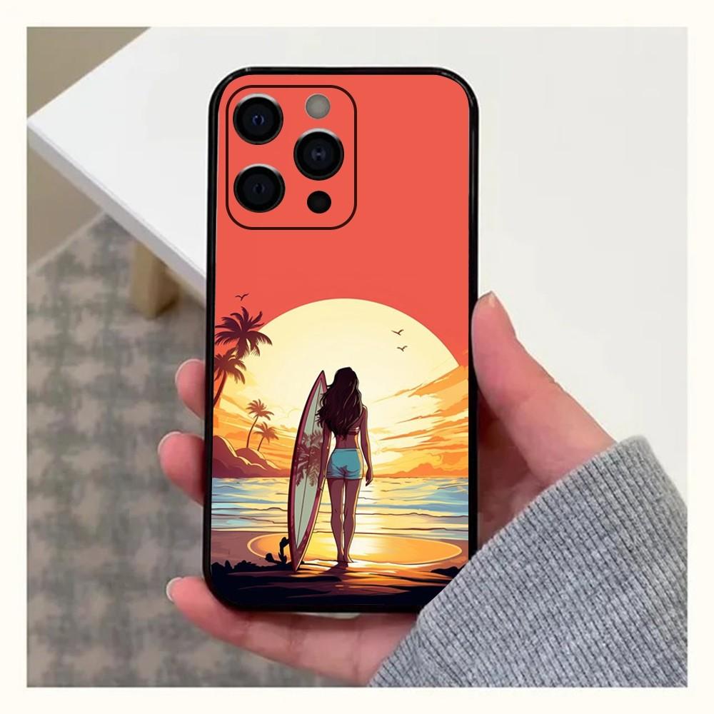 Surfboard Surfing Art Surf Girl  Phone Case For Apple iPhone 15,14,13,12,11,Pro,X,XS,Max,XR,Plus,Mini Soft Black Cover