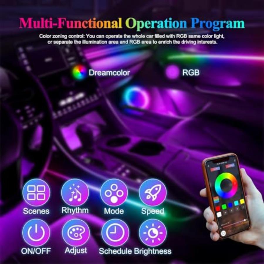 Acrylic Interior Car LED Lights with Wireless APP 6 In 1Ambient Lighting Kits Fiber Optic Strip LEDs 16 Million Colors Musicand