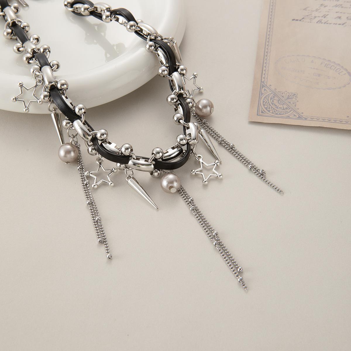 Сладкое и крутое ожерелье с кисточками, заклепками, бисером, с комбинированным воротником, женское, звезда, кожаное ожерелье с кисточками, нишевое, для личности, высококлассное ожерелье